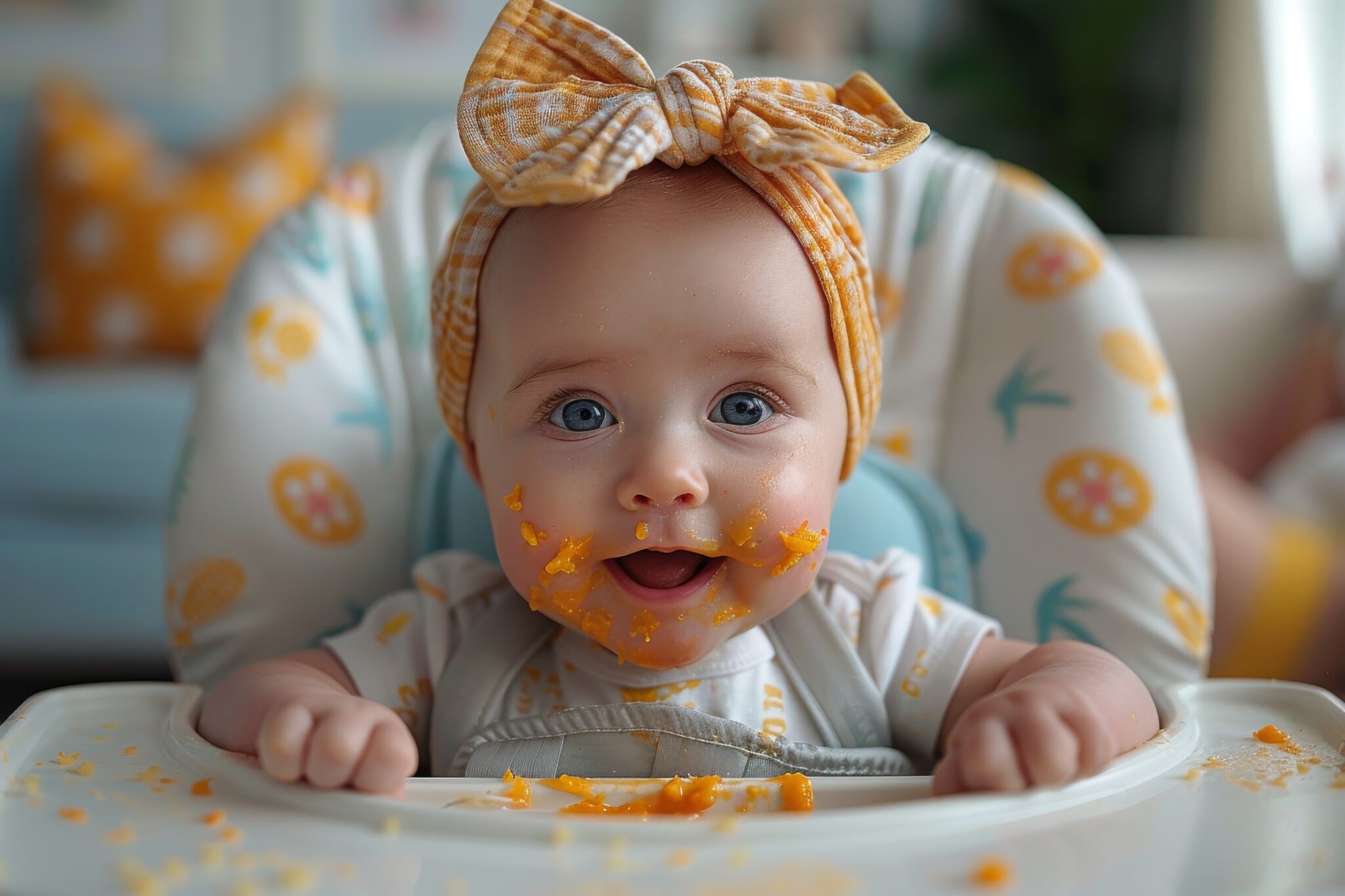 A curious toddler sits in a high chair, covered in a colorful mess of food, her chubby cheeks and bright eyes conveying pure delight