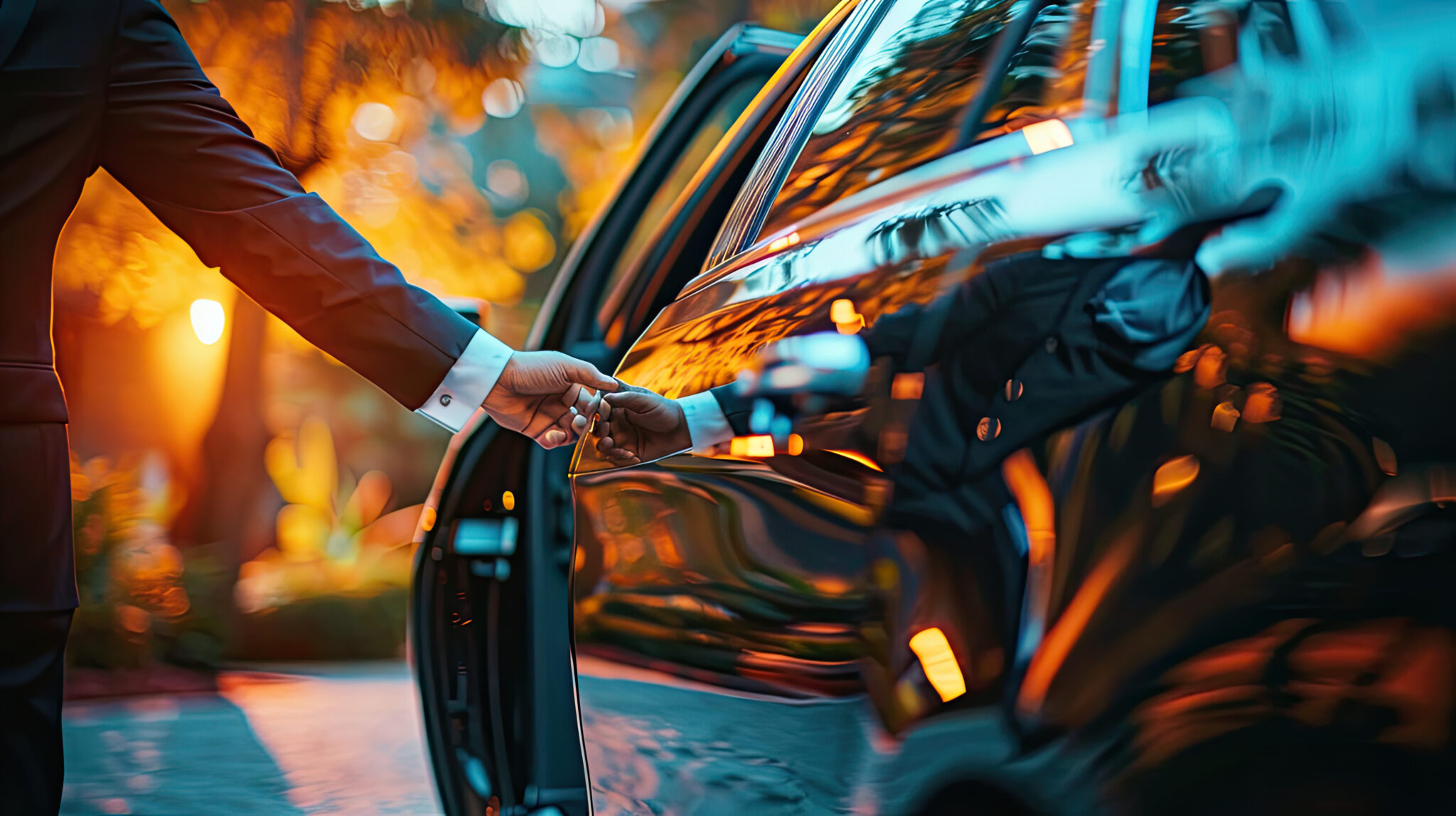 Successful man open door of the limousine. Professional bussiness man near luxury car